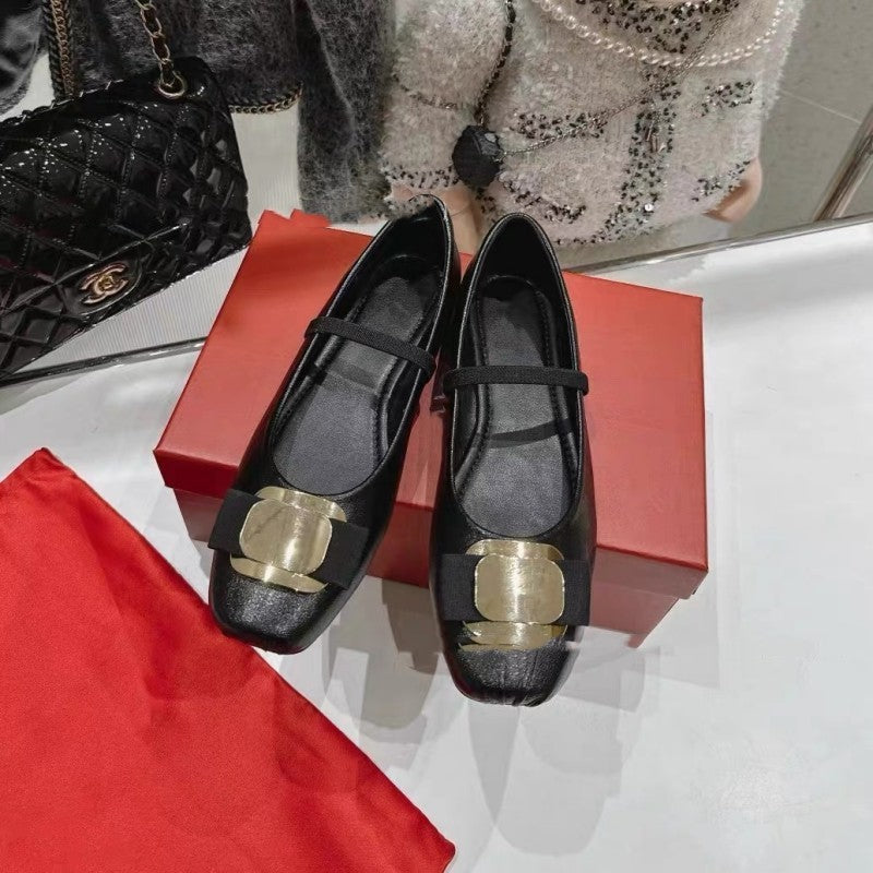 Silver Ballet Shoes Square Head French Style Bow Flat Pumps