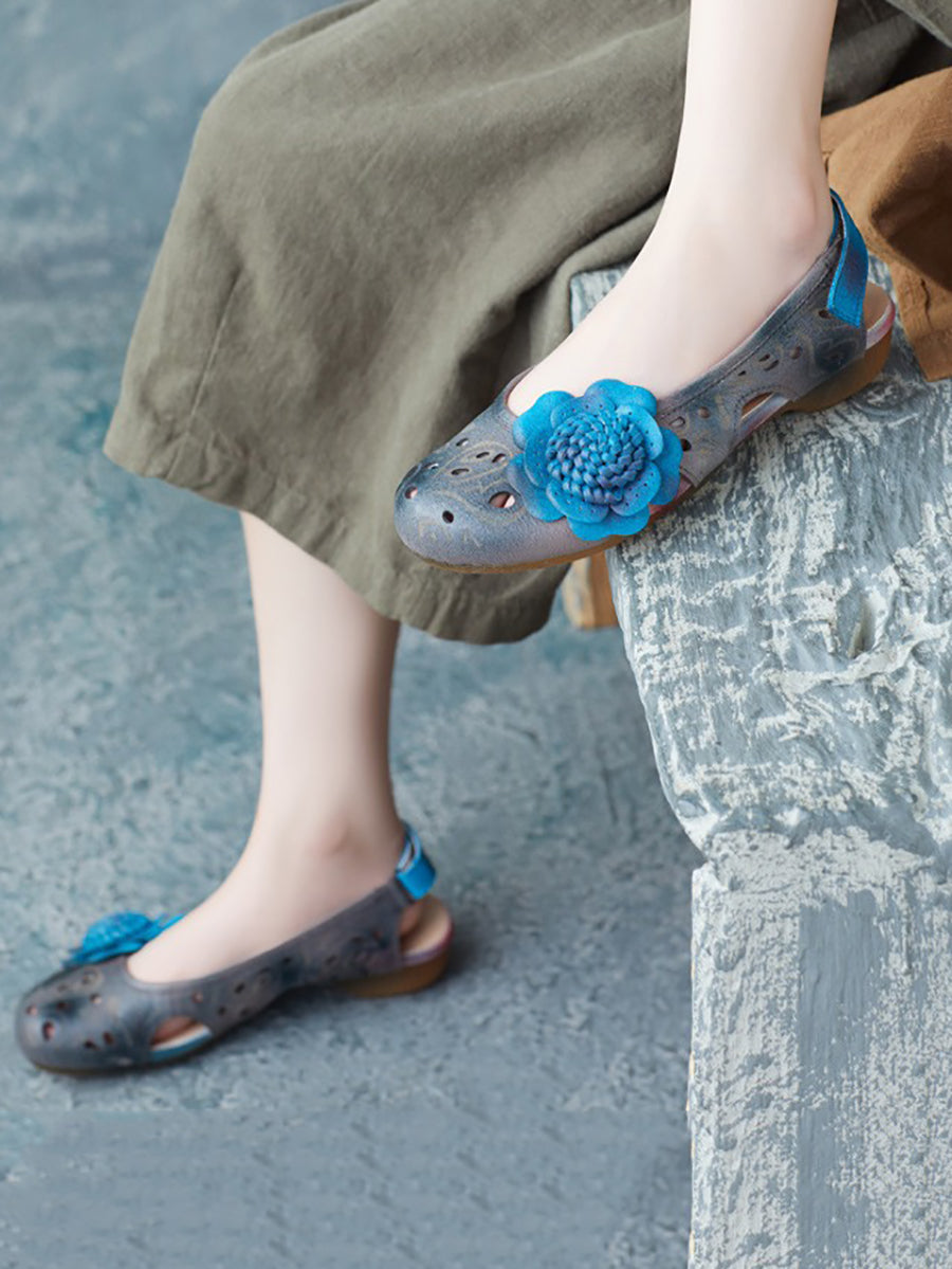 Women Summer Artsy Leather Flower Spliced Sandals