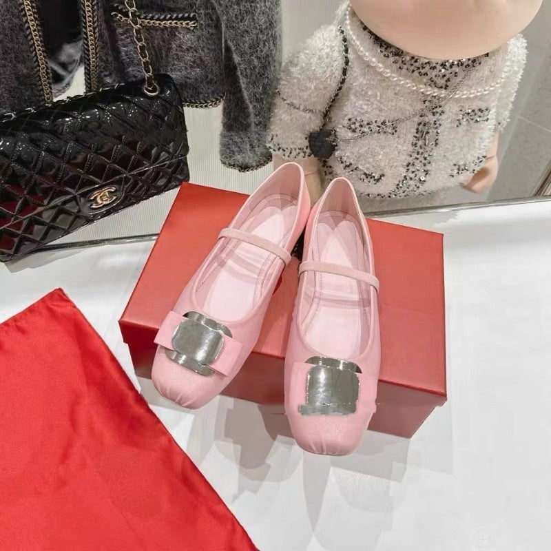 Silver Ballet Shoes Square Head French Style Bow Flat Pumps
