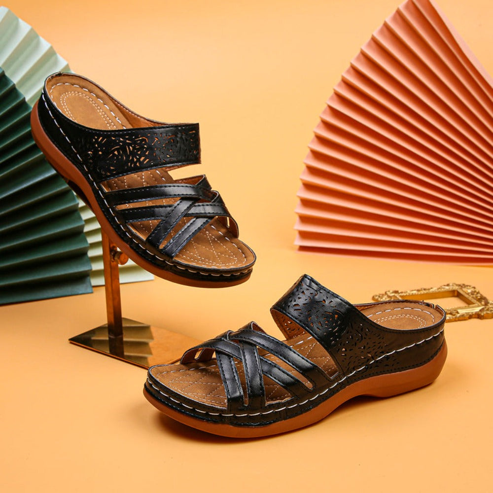Cross Leather Strap Slippers For Ladies