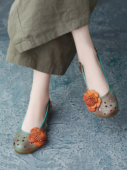 Women Summer Artsy Leather Flower Spliced Sandals