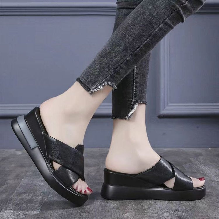 Soft Leather Slope Heel Sandals