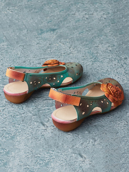 Women Summer Artsy Leather Flower Spliced Sandals