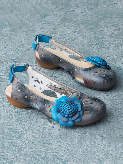 Women Summer Artsy Leather Flower Spliced Sandals