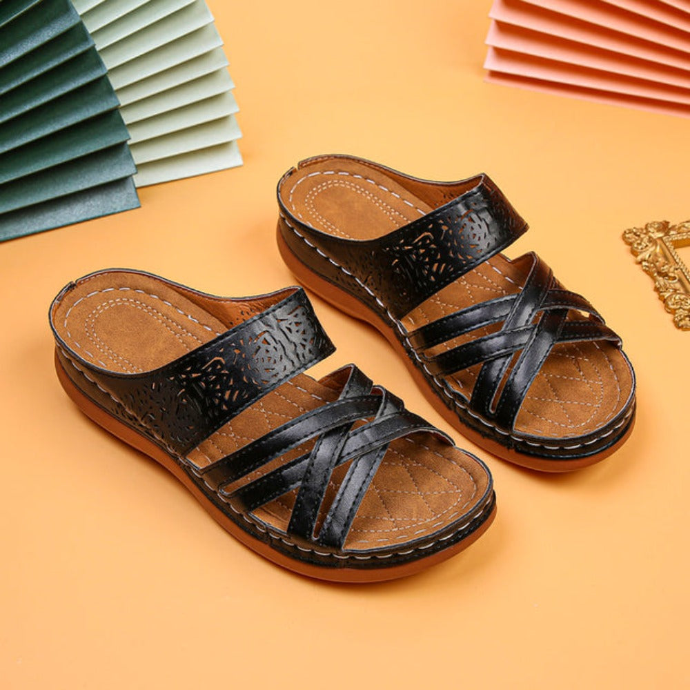 Cross Leather Strap Slippers For Ladies