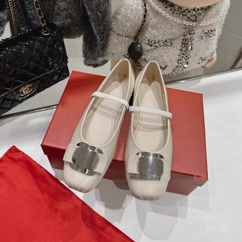 Silver Ballet Shoes Square Head French Style Bow Flat Pumps