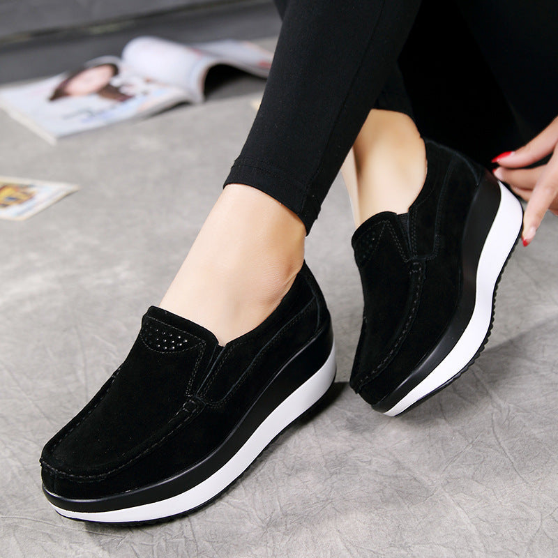 Women's Large Size Rocker Sole Platform Shoes Wedge Suede Slip On Casual Loafers