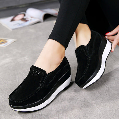 Women's Large Size Rocker Sole Platform Shoes Wedge Suede Slip On Casual Loafers