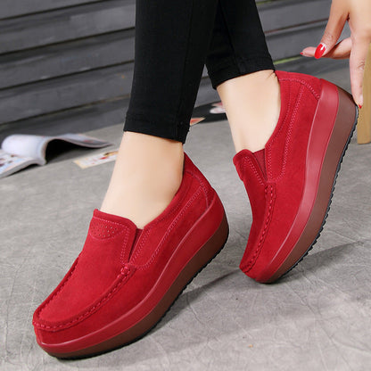 Women's Large Size Rocker Sole Platform Shoes Wedge Suede Slip On Casual Loafers