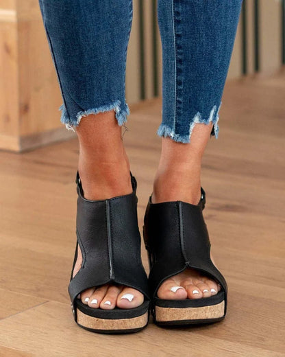 Womens Casual Open Toe Wedge Sandals Ankle Strap Closure