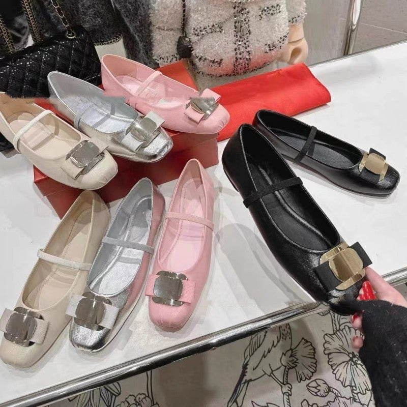 Silver Ballet Shoes Square Head French Style Bow Flat Pumps