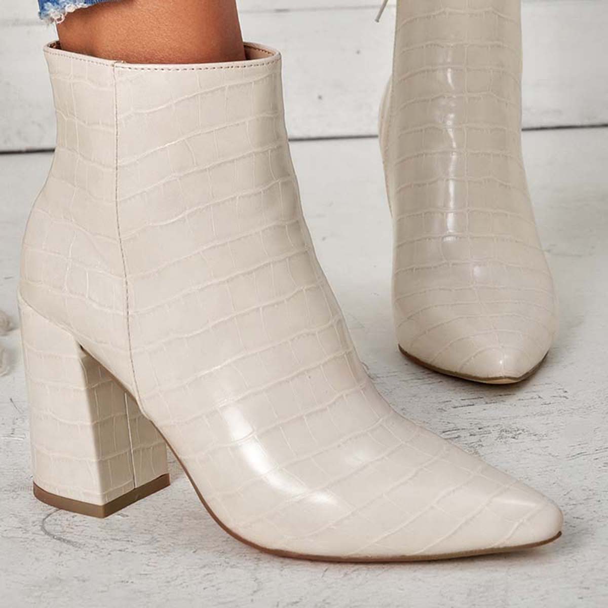Pointed Toe Ankle Boots Side Zipper Chunky Heel Booties Oshnow