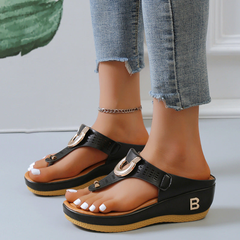 Women's Mid Wedge Shoes Summer Beach Sandals Casual Flip Flops