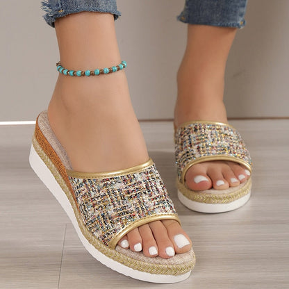 Women Sandals Fashion Sequins Summer New Pattern Open Toe Wedge