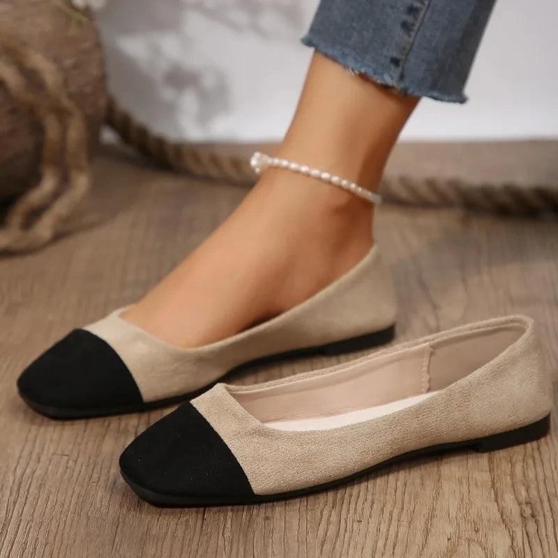 Two Colored Square Toe Ballet Flats For Women