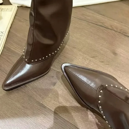 Stacked Winter Rivet Stiletto Boots