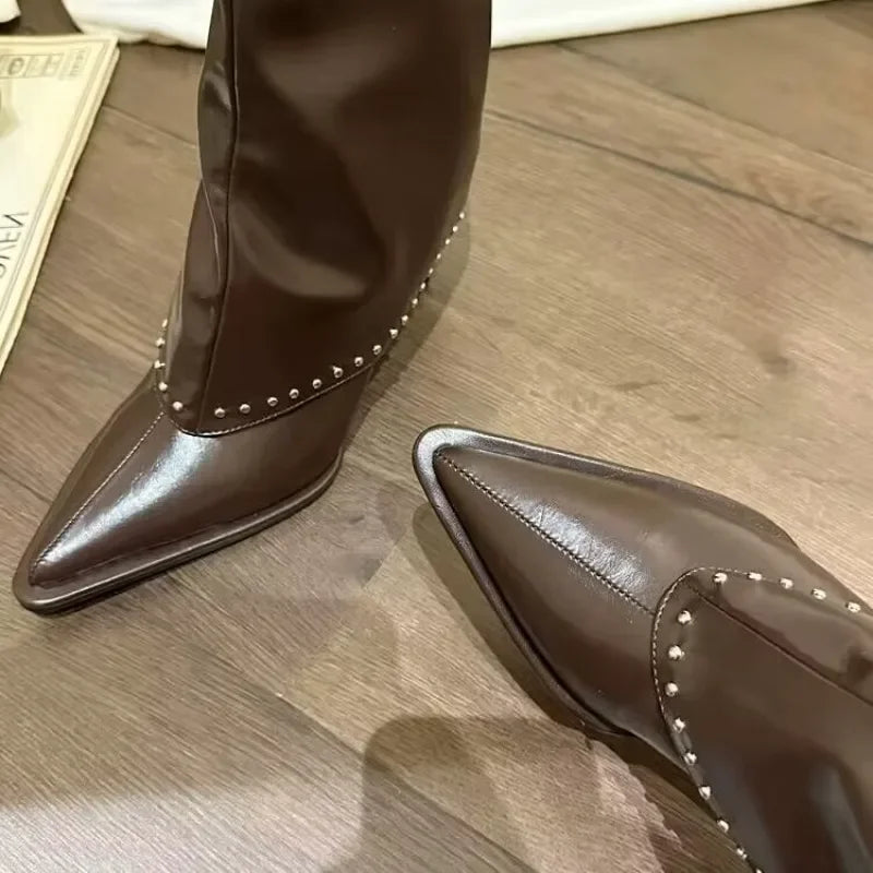 Stacked Winter Rivet Stiletto Boots