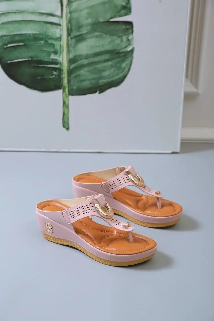 Pearl Buckle Wedge Slippers
