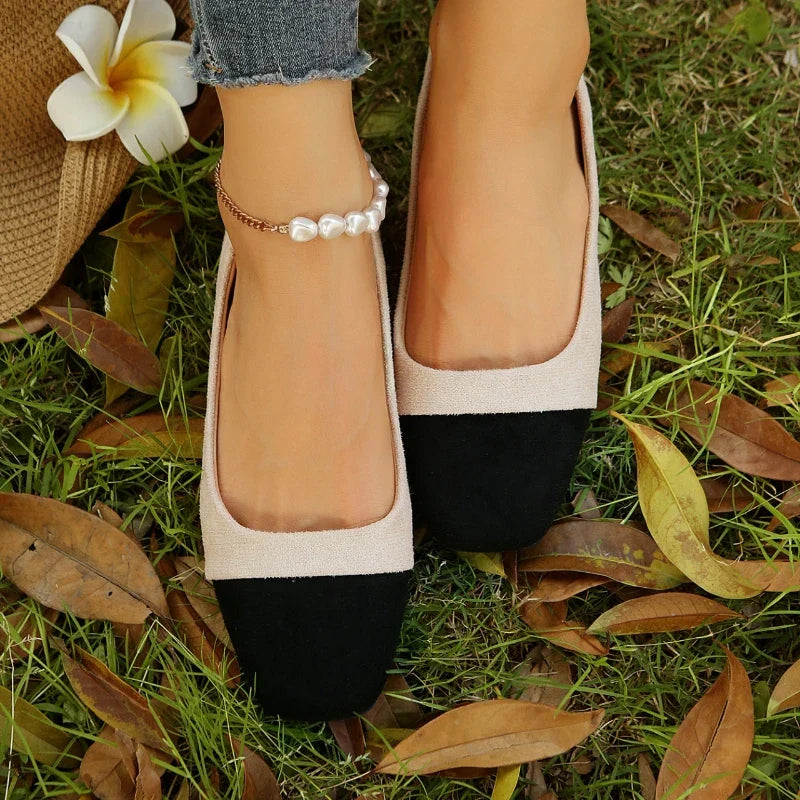 Two Colored Square Toe Ballet Flats For Women