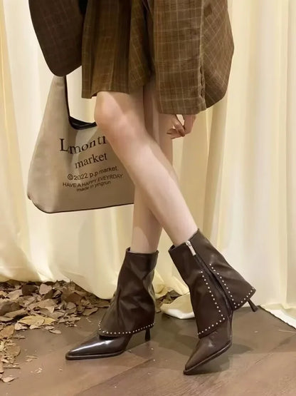 Stacked Winter Rivet Stiletto Boots