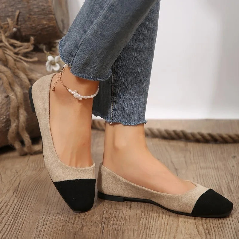 Two Colored Square Toe Ballet Flats For Women
