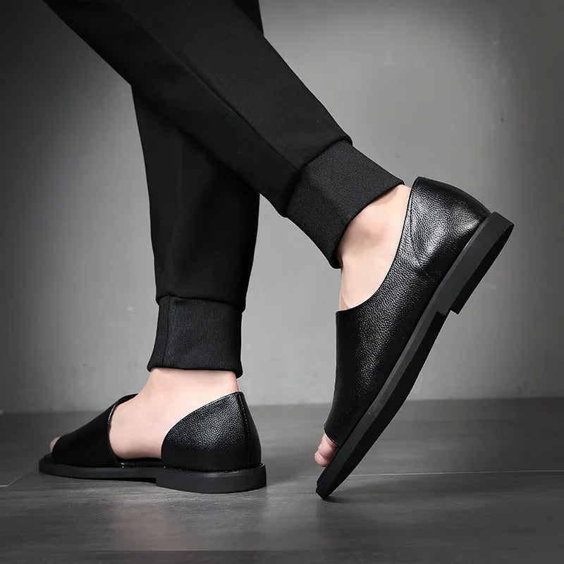 Men Leather Sandals Black Male Summer Shoes