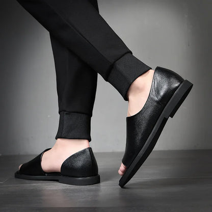 Men Leather Sandals Black Male Summer Shoes