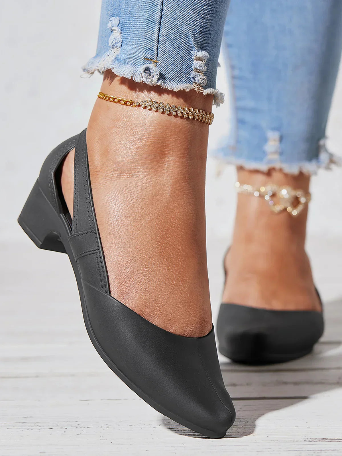 Waterproof Hollow Out Slip On Block Heel Shoes