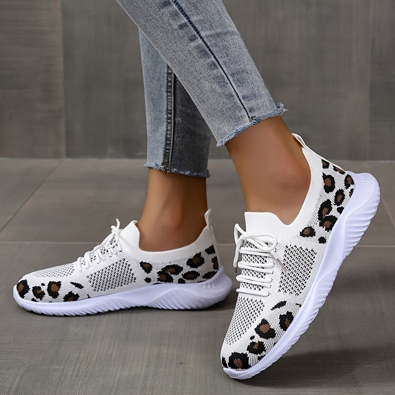 Womens Leopard Printed Mesh Sneakers