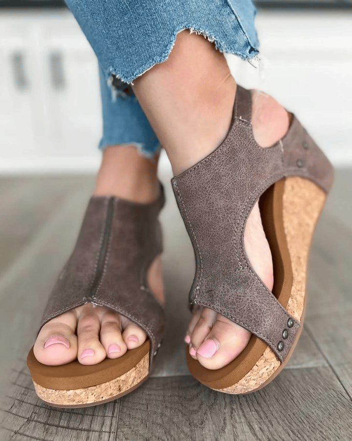 Womens Casual Open Toe Wedge Sandals Ankle Strap Closure